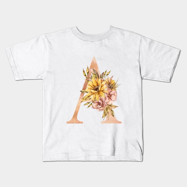 Watercolor sunflower floral A letter illustration Kids T-Shirt by tiana geo